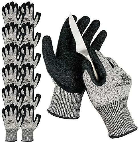 ACKTRA WG013 Level 5 Cut Resistant Warehouse Safety WORK GLOVES 12 pairs, Crinkle Finish Latex Coated, Power Grip, for Men and Women, EN 388 (Large)