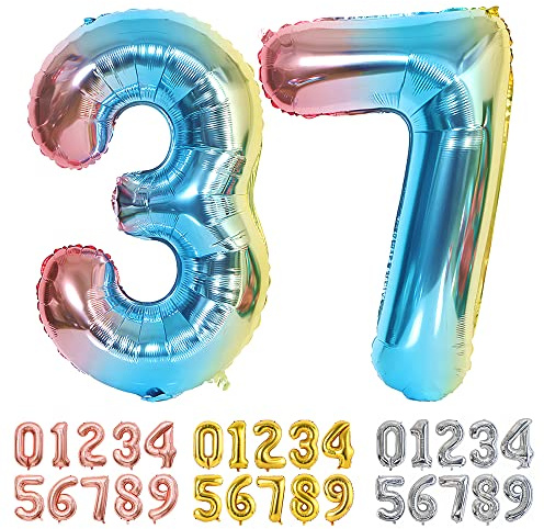 Ponmoo Foil Balloon Number 37/73 Gradient Blue, Giant Numbers 0 1 2 3 4 5 6 7 8 9 10-19 20-29 30-39 40-49 50-60-70-80-90-100, Large Balloons for Wedding Anniversary Birthday Party Decoration