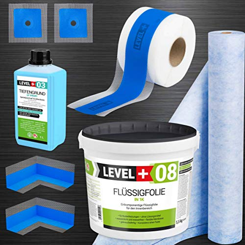 Set de sellado de 5,5 kg, lámina líquida, 1 m, cinta de sellado de 5 m, 2 esquinas interiores, 2 manguitos de pared, 1 L de profundidad de fondo, ducha, baño, cocina SET331