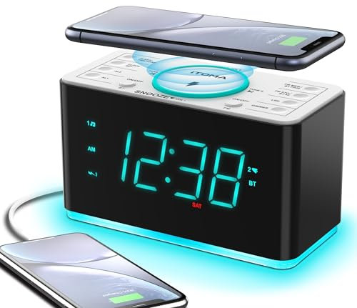 iTOMA Radiowecker, 15 Watt kabellose Ladegerät Bluetooth, USB-Anschluss, Dual-Alarm, Snooze, Dimmer, 1,4-Zoll-Display Cyan-LED-Nachtlicht 207