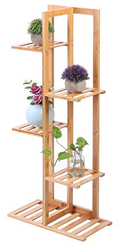 Wakects Soporte para Plantas, Flores Altos y Bajos Plantador,con 5 Soporte para Plantas en Niveles, Soporte de Exhibición de bambú,para Casa Balcón Jardín Decoración,45x22x103cm