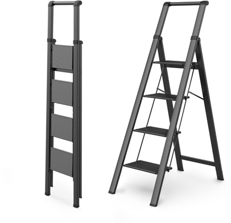 WOA WOA 4 Step Ladder, Ladders for Home, Anti-Slip Aluminum Pedals, Step Stool Foldable, Lightweight to Move, Ease of Storage, Reach 9ft for Closet Kitchen Library, Hold 300lbs - Black