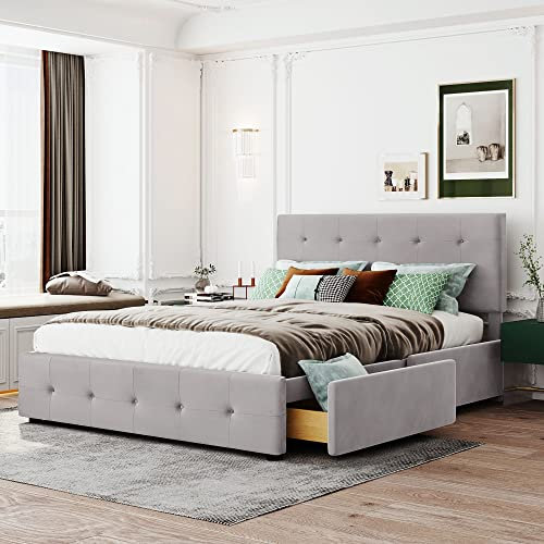 ModernLuxe Bett Samtstoff, Einzelbett/Doppelbett, Polsterbett mit Schubladen, Rückenlehne und Lattenrost, Höhenverstellbares Kopfteil,Jugendbett Gästebett (ohne Matratze) (Grau, 140 x 200cm)