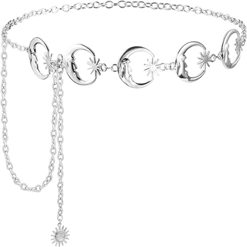 Weenkeey Mond Taillenkette Mode Metall Kettengürtel Einstellbare Körper Kette für Kleid Hemden Mantel Jeans - Silber