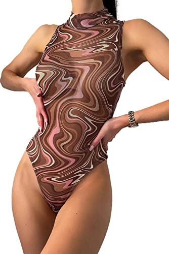 NBBNYJ Body Donna Senza Maniche Collo Alto Mesh Rotta astratta Bodysuit Elasticizzato Sottogiacca Top Elegante Sexy Casuale Blusa Camicie Tinta Unita Jumpsuits Tops Leotard Marrone,L