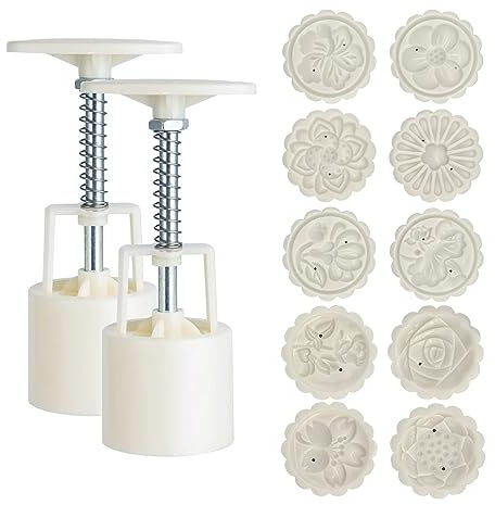 SAGOOITS Moon Cake Mould Set 50g, 12 PCS Pattern Hand-Pressure Mooncake Molds,Includes 10 pcs flower pattern base and 2 Pieces Press,Mid Autumn Festival DIY Hand Press Cookie Stamps Pastry Tool