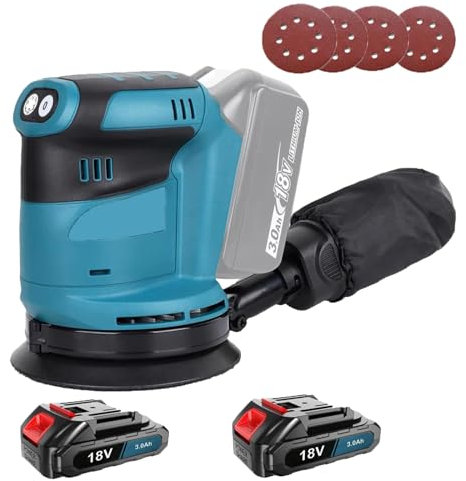 Akku Exzenterschleifer, kompatibel mit Makita 18V Akkus, Bürstenloser mitmit 2x3000mAh Akku und Ladegerät, 4PCS Schleifpapier, 125mm 3 Leistungsstufe, zum Schleifen Polieren