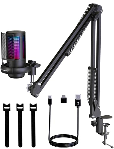 Kasonic RGB Microphone for Gaming with Boom Arm, Home Studio Condenser Microphone for PC, USB Mic with Pop Filter, Gain Control for Podcast Recording, Streaming Microphone Kit for PS4/5 Mac Phone