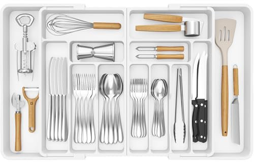 Lifewit Grandes Organizador Cuberteros para Cajon, Extensible al 36 Pulgadas de Ancho, BPA Free Bandeja Vajilla de Cocina, Tabletas Separador de Plástico para Cuchillo/Cuchara/Tenedor, Blanco