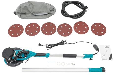 Levigatrice elettrica per cartongesso, 1250 W, smerigliatrice da parete e soffitto, Ø 225 mm, testa abrasiva inclinabile fino a 90°, regolabile in 6 marce, lampada da lavoro a LED, inclusa 6 carta