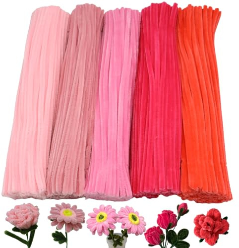 Cldamecy 500 Pcs Pink Series Pipe Cleaner Craft Set in 5 Assorted Colors,Fluffy Pipe Cleaners Chenille Stems for Christmas DIY Decorations,Art Projects