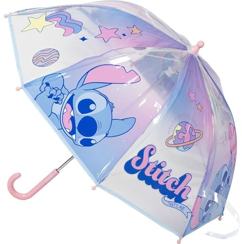 Ombrello manuale Poe Bolla Stitch – Ombrello per bambini trasparente con illustrazioni di Stitch, apertura manuale sicura, aste flessibili e design ergonomico per bambini creativi e avventurieri