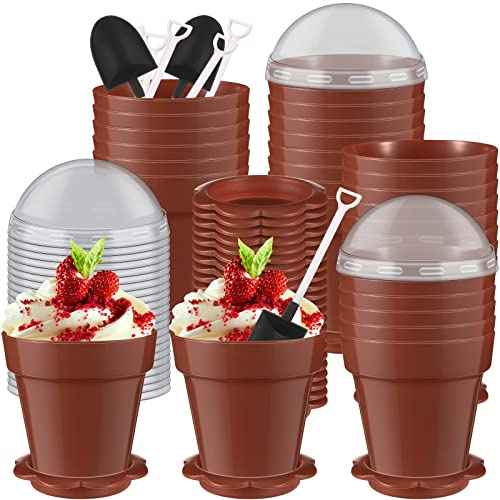 Honeydak 25 Pack Flowerpot Dessert Cup Plastic Cake Cups with Lid Shovel Spoon Mini Flower Pot Dessert Cups Ice Cream Yogurt Cupcake Holder Containers for Birthday Party Supplies DIY Baking(Brown)