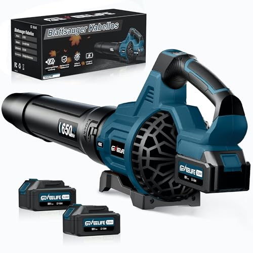 GEVEELIFE Soffiatore a batteria per foglie 18V, 257 km/h Soffiatore elettrico per foglie con 3 velocità e 2 batterie da 5,2Ah – Soffiatore per foglie senza fili per giardino, foglie, polvere e neve
