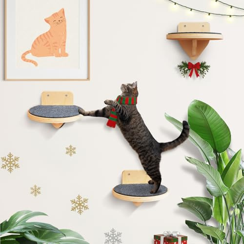 Pared de escalada XXL para gatos de madera de abedul, juego de 3 escaleras para gatos con superficies rascadas, montaje en pared, escalera para gatos, red de escalada para gatos (color madera, XXL
