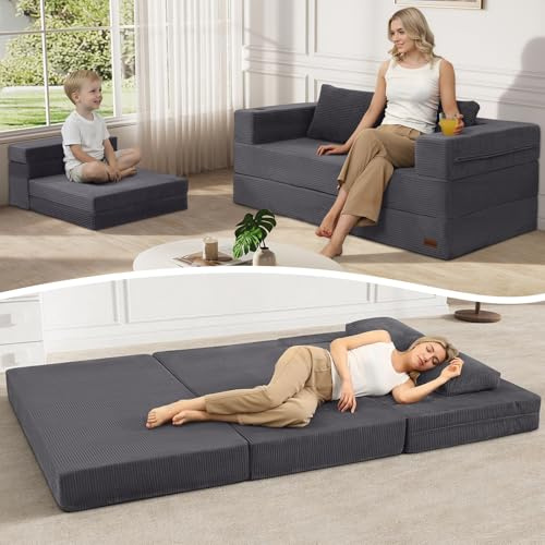 MeMoreCool Boneless Futon-Schlafsofa, faltbares Bodensofa mit Kissen, klappbares Cord-Schlafsofa, ausklappbares Zweisitzer-Sofa für Wohnzimmer und kleine Räume, Grau