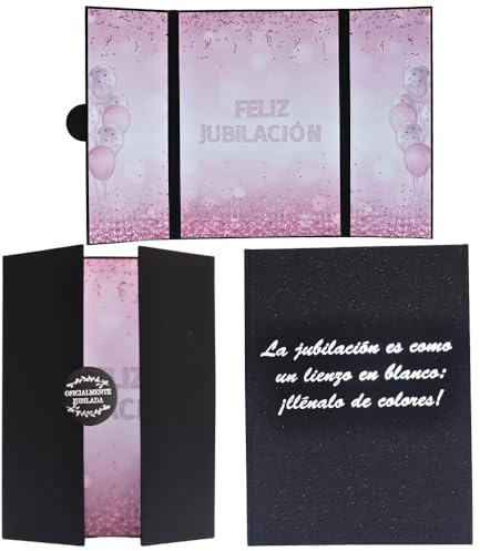 ®IM Tarjeta Feliz Jubilación Grande para Mujer - 46 x 31 cm– Decoración Jubilacion y Despedida Trabajo – Postal de pasta gruesa - Libro de firmas con cierre automático - Diseño de tres paneles