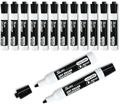 SUIN Black Whiteboard Pens, 12 Pack Dry Wipe Markers, Low Odour Black Whiteboard Markers with Medium Bullet Tip, Dry Erase Pens for Classroom, Office, Meetings, Teaching, Planning & Daily Notes