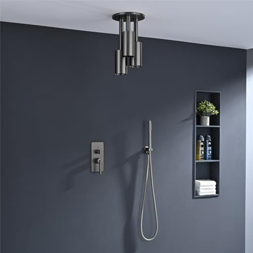 Billg Juego de Ducha Empotrado, Sistema de Ducha con un Cabezal de Ducha Tubular de Doble Función, Cabezal de Ducha Portátil y Manguera de Acero Inoxidable de 1,5 Metros, Montaje en Techo