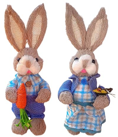 Bewinner Figuras de Conejitos de Paja Hechas a Mano, Adorno único de Pareja de Conejitos de Paja Tejido a Mano para Decoración del Hogar de Pascua, 23cm/9,1 Pulgadas (C)
