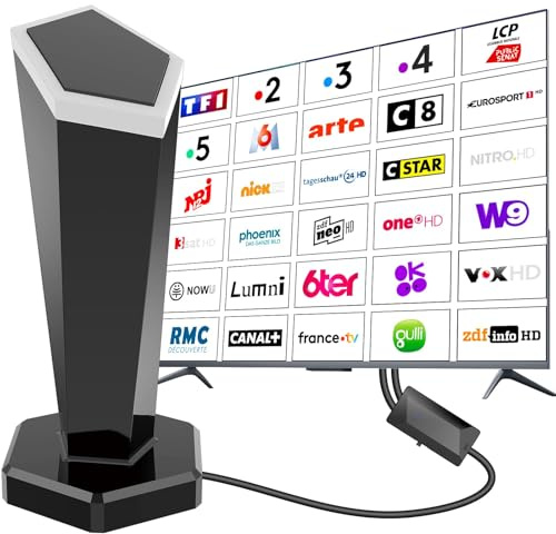 Antenne TV Intérieure Puissante TNT,460+KM Antenne TNT IntéRieur avec Amplificateur de Signal à Gain Élevé,Réception Longue Portée à 360°,Compatible avec Smart TV 4K/1080P/Tous Les TVs