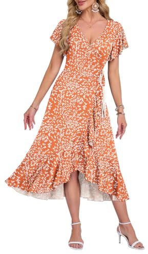 AUSELILY Robe D'Été Femme Manches Courtes Col en V Taille Haute Mi-Longue Robe De Plage Invitée De Mariage