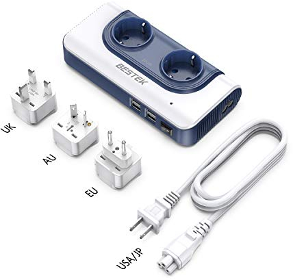 BESTEK Transformateur Convertisseur de Voyage 200W Adaptateur de Voyage Version Améliorée AC 100V-120V à AC 230V 10V avec 2 Prises EU et 4 Ports USB 3 Adaptateurs Prises (USA,UK,EU,AUS...) -Bleu