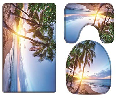 A.Monamour Badezimmer Badematte 3 Teilig Set Karibik Tropischen Sand Strand Sonnenuntergang Palme Blauer Himmel Bad Matte Teppich Flanell Saugfähig Badteppiche Badvorleger Badgarnitur WC Vorleger