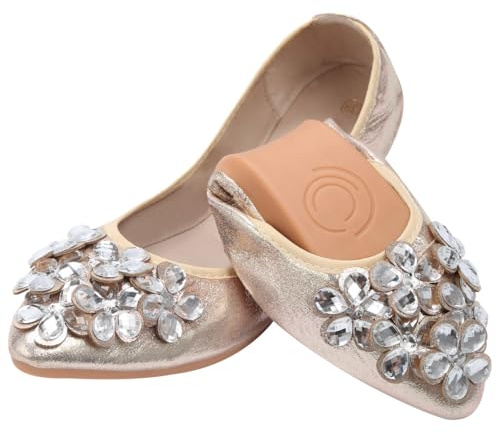 KUNWFNIX Women Ballet Flats Rhinestone Wedding Ballerina Shoes Foldable Sparkly Comfort Slip on Flat Shoes
