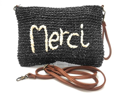 Handtasche für Damen, für den Sommer, Bast, gehäkelt, Umhängetaschen, Bast, Merci Schwarz