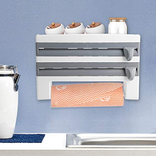 Dispensador de Rollos de Cocina con Cortador de Film y Especiero, para Papel de Aluminio, Film Transparente y Toalla de Cocina, 39 x 10 x 24 cm, Gris-Azul