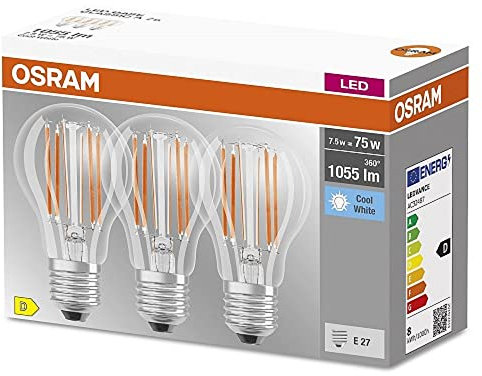 OSRAM LED BASE Classic A75, Lampade LED A Filamento Chiaro In Vetro Per Base E27, Forma Di Lampadina, Bianco Freddo (4000K), 1055 Lumen, Sostituisce le Lampadine Tradizionali 75W, Scatola da 3