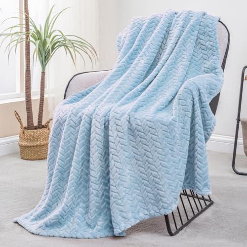 Exclusivo Mezcla Plaid Polaire en Flanelle, Tissu À Motif Chevron, Couverture Douce et Chaude pour Canapé/Lit, Agréable et Douillette, 130x170CM, Bleu Clair