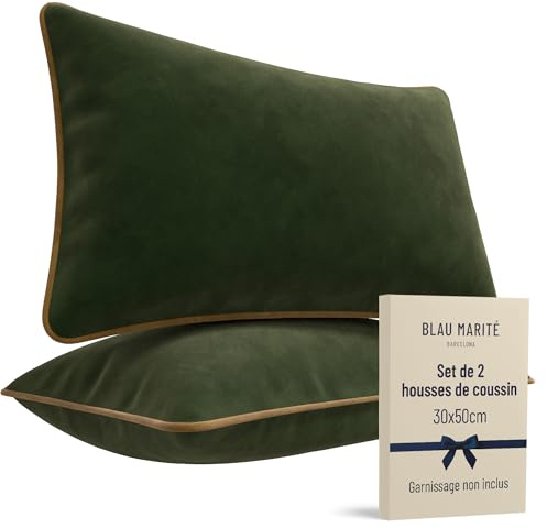 Blau Marité Set de 2 Fundas Cojín Terciopelo 30x50 cm – Cojines Decorativos sofá Cama salón. Funda cojín con Ribete. Relleno no Incluido. (Verde y Camel)
