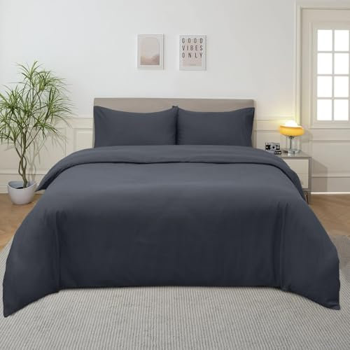 Imperial Rooms Double Duvet Cover Set Brushed Microfiber Plain Bedding Charcoal Bed Set with Pillow Cases Ultra Soft Button Closure Quilt Cover (200 x 200 Cm)