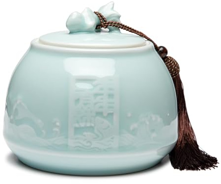 SILINE Genuine Longquan Celadon Airtight Container 20 oz/600ml,Green Porcelain Loose Tea Storage Jar (Pink Cyan)