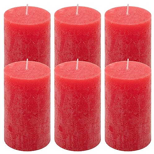 Rustik-Kerze Höhe 11,5 cm Ø 6,8 cm lange Brenndauer Rund-Kerze Säulenkerzen Kerzen-Deko Tafelkerzen Weihnachts-Kerzen Hochzeits-Deko (rot, 6)