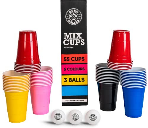 BeerBaller Mix Party Becher Set - 5 Farben - 55 Party Becher - 3 Bälle | 473ml - 16oz Partybecher | spülmaschinenfest & wiederverwendbar | bunte Party Cups | Original American Red Cups