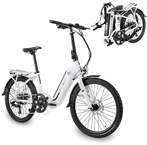 Flebi Vélo Électrique Pliable 24 Swan avec Autonomie 70 km et Batterie Amovible 10,4Ah/374Wh + 7 Vitesses - E-Bike Urbain Unisexe Compact et Léger Femme/Homme - Blanc