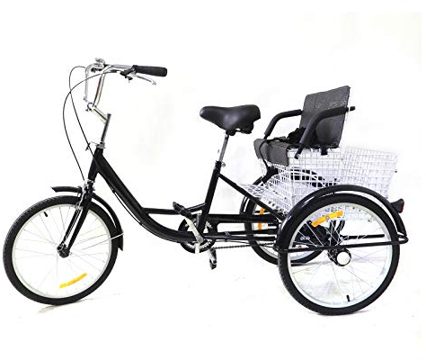 20 Zoll Single Speed Dreirad für Erwachsene mit kindersitz, 3 Räder Fahrrad Mit Einkaufskorb, Anti-Rutsch-Pedal, Doppelbremse, Reflektorstreifen, Geschenk