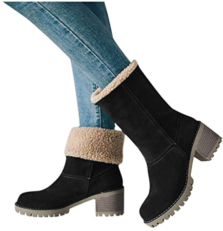 Bottes Hiver Femme Boots Fourrées Chaudes à Enfiler Femmes Mi Botte Neige Bottine Daim Noir Marron Gris Kaki EU 36-43