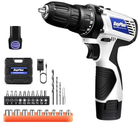 Akku-Bohrschrauber Akkuschrauber 45Nm, 12V Akku-Bohrmaschine mit 1×1.3Ah Akku, 18+1 Drehmoment Akkubohrer, Vorwärts und Rückwärtsschaltung, 2-Gang, LED-Licht. 23 Zubehör, Tragetasche, Weiß