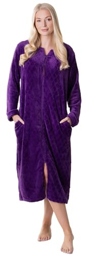 Camille Manteau d'intérieur en polaire super douce à fermeture éclair pour femme | Peignoir de bain longueur mollet à imprimé diamant | Fermeture éclair, manches longues et poches | Vêtement de