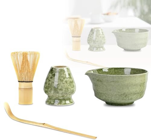 Matcha Tee Set, WDKXCN 4-Teiliges Matcha Set, Mat-cha Besen S-et, Keramik Mat-cha Kit, Ma-tcha-Teeschalen-S-et für Japanische Teezeremonie,inklusive Teebesen,Besenschale,Teeschüssel und Teelöffel,Grün