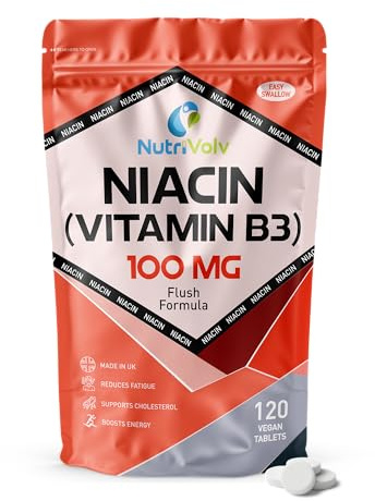 Nutrivolv Niacin Supplement Tablets | 100mg | Flush Formula | Pure Nicotinic Acid | Reduces Fatigue | Supports Healthy Cholesterol | Vitamin B3 for Men & Women | Vegan | Halal | Kosher | 120 Tablets