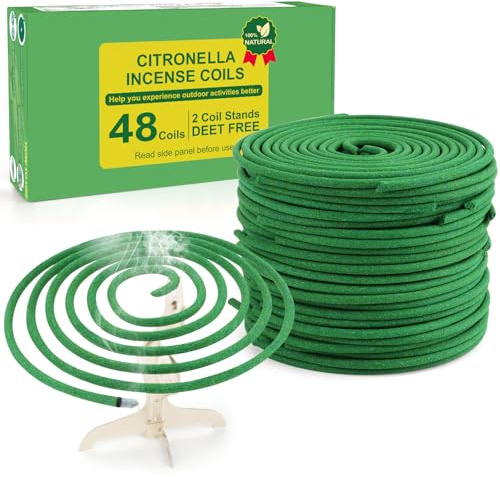 Citronella Incense Coils - Each Coil Could Last For 5-7 Hours, 336 Hours Incense Coil for BackYards, Camping, Terrace, Balcony, Picnic, Table Decoration, Bedroom, Living Room, 48 Pieces & 2 Stands