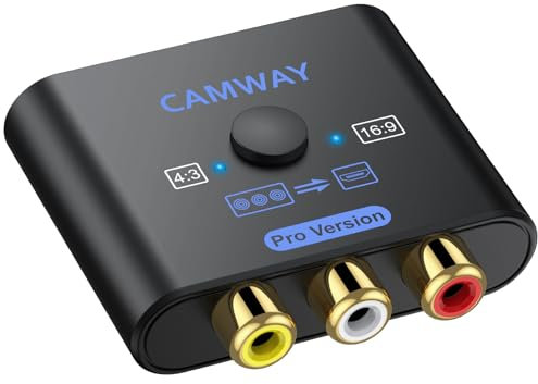 CAMWAY RCA auf HDMI Konverter, Aufgerüsteter Chip-Höhere Bildqualität, 16:9/4:3 Konvertierung 1080P AV zu HDMI Adapter Composite CVBS Video Audio Unterstützt PAL/NTSC für Wii/PS1/PS2/N64/Xbox/DVD/VCR