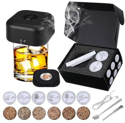 Gkstly Electric Cocktail Smoker Kit with 6 Flavors Wood Chips Rechargeable Flame Free Whiskey Smoker Kit, Built in Lighter No Butane Needed, Birthday Gift for Man, Husband, Dad