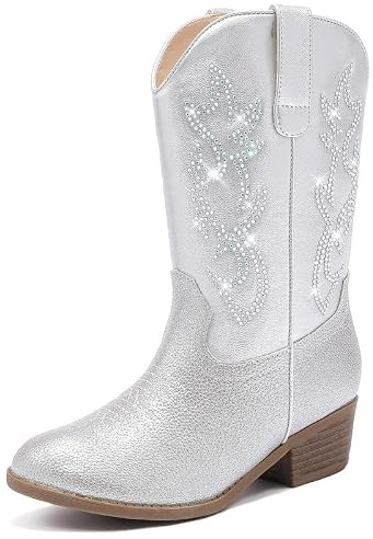 LAURMOSA Girls Cow Girl Boots for Girls Cowboy Boots for Kids Cowgirl Silver Boot Size 13 Western Cow Girl Boot Riding Rhinestone Sparkly Zipper Little Kid Party Birthday Country (UKL1030RhSilver 13)
