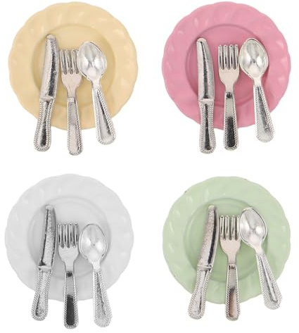 BESPORTBLE Lot de 4 Accessoires de Cuisine Miniatures - Mini Assiettes pour Maison de poupée avec cuillères, fourchettes et Couteaux - Vaisselle en Alliage pour la décoration de Maison de poupée